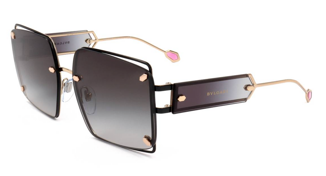 Oversized square sunglasses with dark grey gradient lenses and rose-gold metal frame
