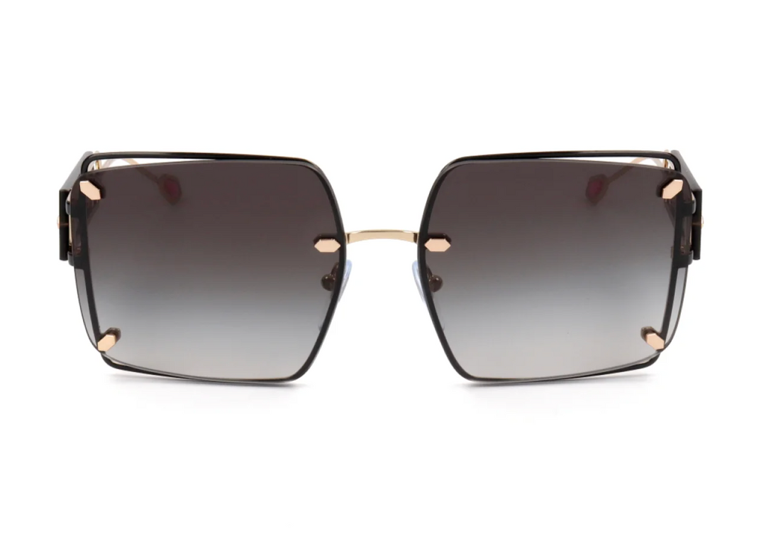 Oversized square sunglasses with dark grey gradient lenses and rose-gold metal frame