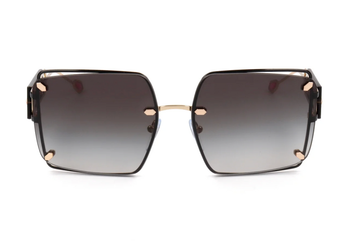 Oversized square sunglasses with dark grey gradient lenses and rose-gold metal frame