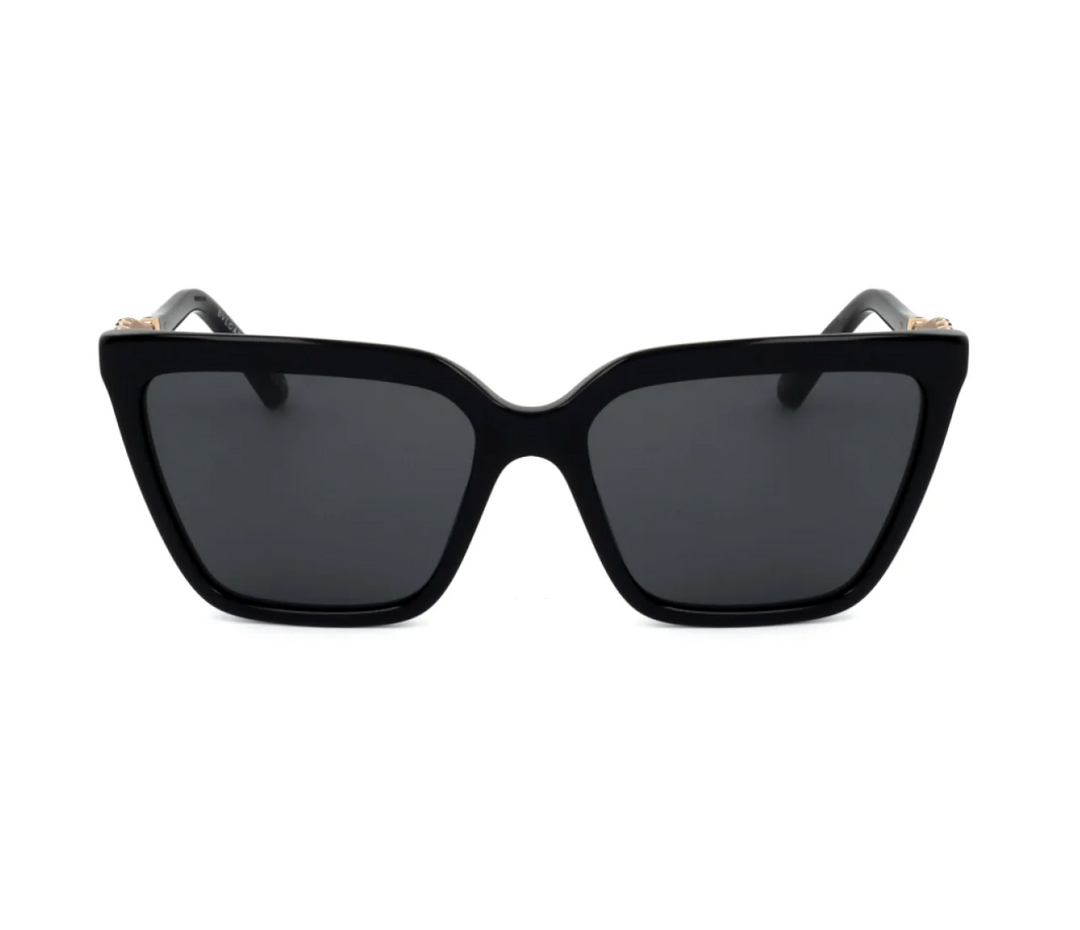 Black cat-eye sunglasses with dark tinted lenses, front view