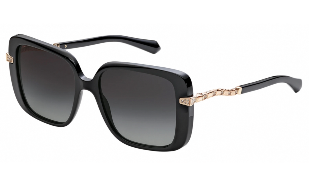 Black square sunglasses with dark lenses and gold-tone side accents