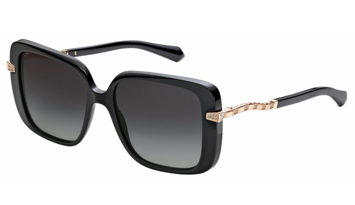 Black square sunglasses with dark lenses and gold-tone side accents
