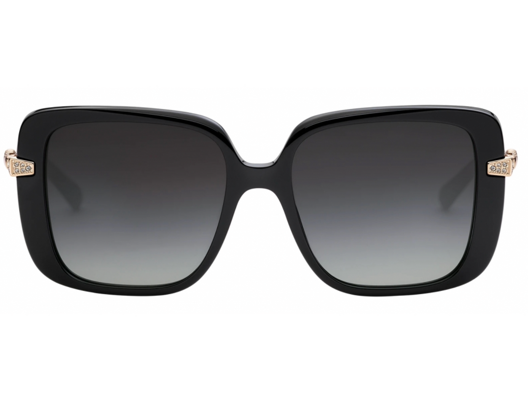 Black oversized square sunglasses with dark gradient lenses and gold-tone hinges
