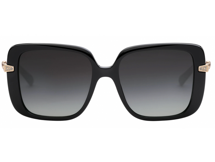 Black oversized square sunglasses with dark gradient lenses and gold-tone hinges