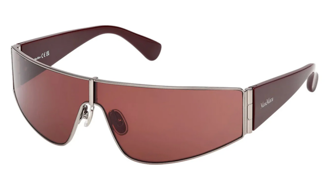 Burgundy mask sunglasses with a single wide lens and slim metal bridge