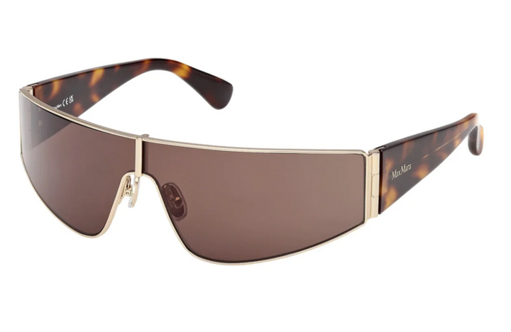 Brown shield sunglasses with gold-tone trim and tortoiseshell arms.