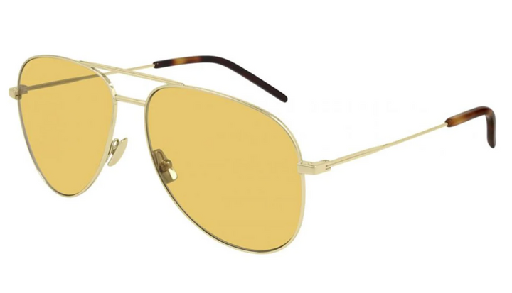 Gold aviator sunglasses with yellow lenses and dark-tipped temples, angled view