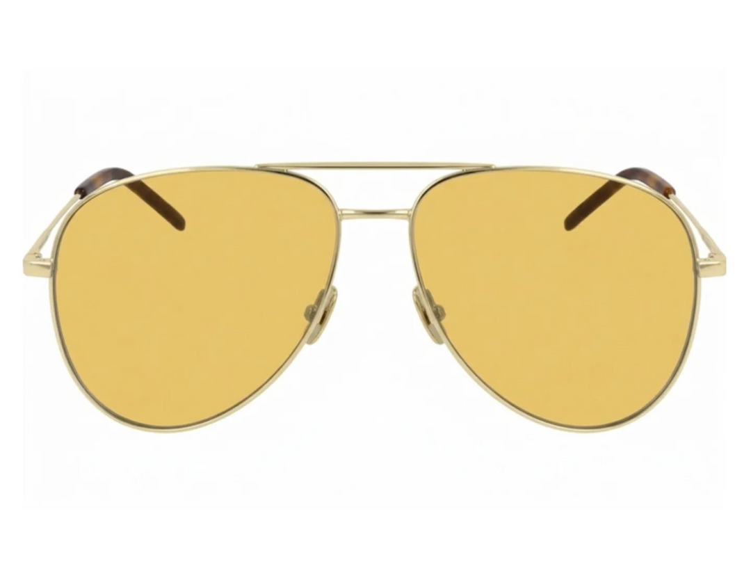 Gold aviator sunglasses with yellow lenses, shown from the front
