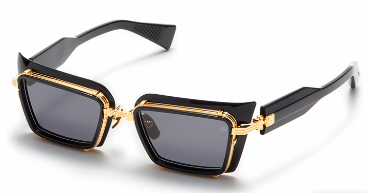 Balmain black square sunglasses, gold metal accents and angled temples