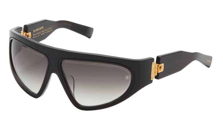 Balmain B-Escape mask sunglasses, black angular frame with gold hardware and tinted lenses