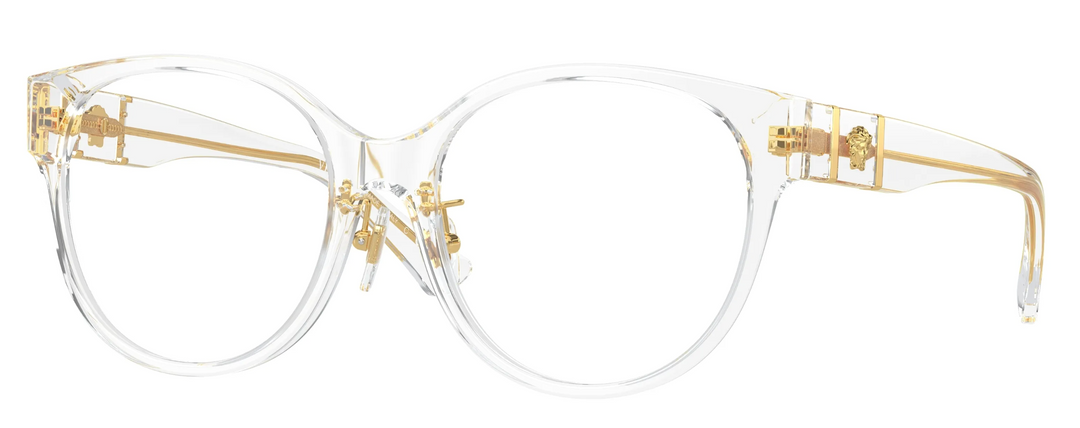 Versace clear round eyeglass frames with gold metal hinges and temples