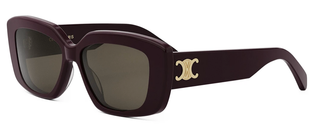 Celine square sunglasses with burgundy frame and dark lenses, gold Triomphe logo