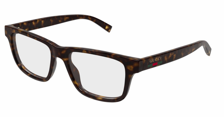 Gucci rectangular unisex eyeglass frames, Havana brown tortoise, side logo