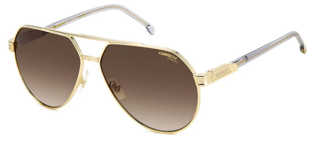 Gold aviator sunglasses with brown gradient lenses and slim metal temples
