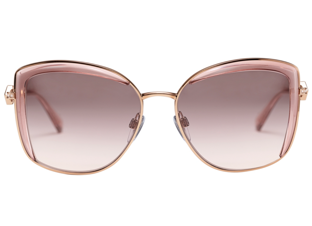 Rose gold square sunglasses with light pink gradient lenses, front view with wide rounded corners