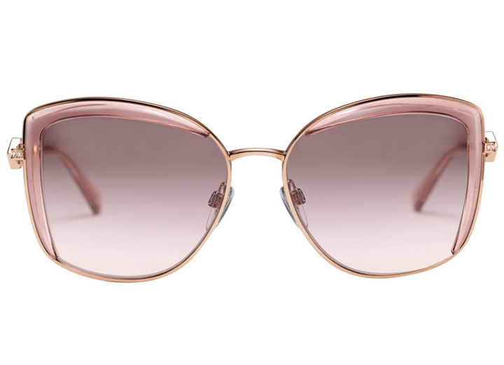 Rose gold square sunglasses with light pink gradient lenses, front view with wide rounded corners