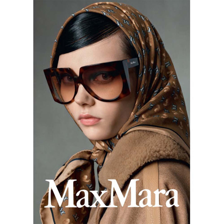 Oversized square brown sunglasses with dark lenses and Max Mara logo on temple