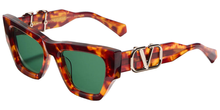 Valentino brown tortoise cat eye sunglasses with green lenses and V logo