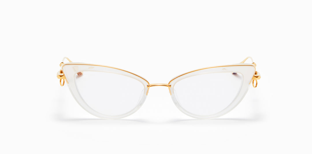 Valentino cat-eye eyeglass frames with gold rims and clear front lenses