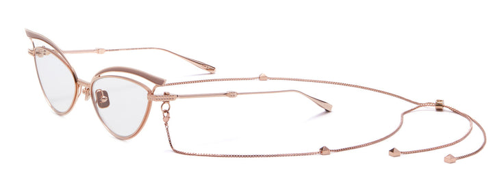 Gold-tone cat-eye eyeglass frames with beige lenses and chain detailing