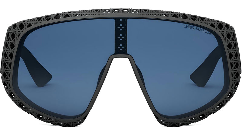 Dior black wrap sunglasses with perforated frame and blue tinted lenses, front view