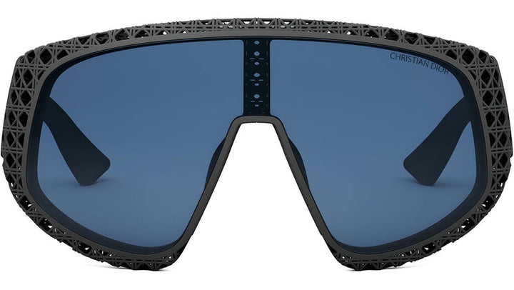 Dior black wrap sunglasses with perforated frame and blue tinted lenses, front view