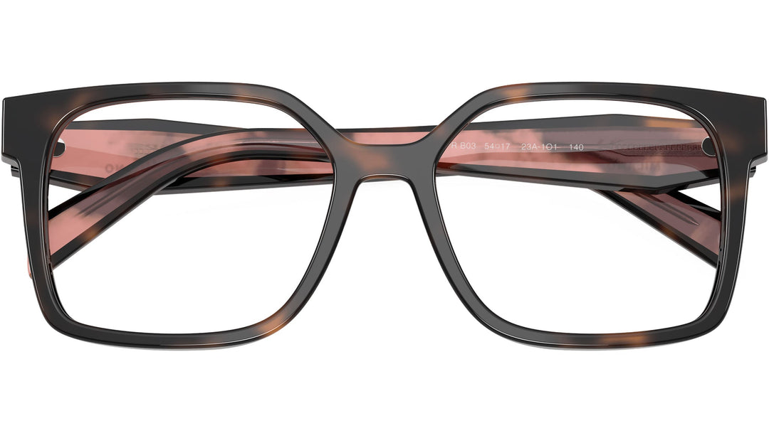 Prada square eyeglass frames in mauve tortoise with black temple tips