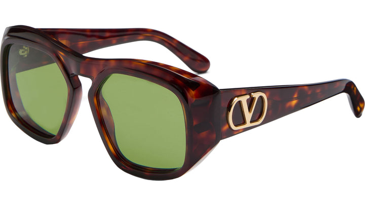 Oversized brown tortoiseshell sunglasses with green mirrored lenses and Valentino V logo