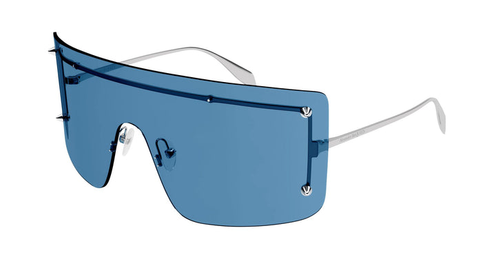 Alexander McQueen oversized blue shield sunglasses with tinted lenses and metal frame