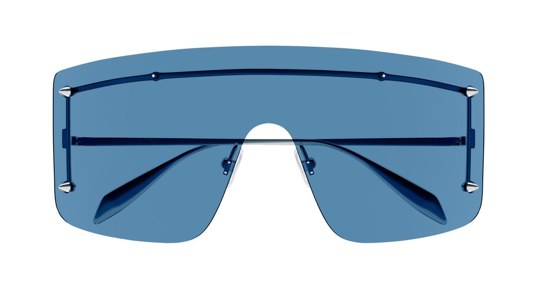 Alexander McQueen blue shield sunglasses front view with oversized frame and central bridge