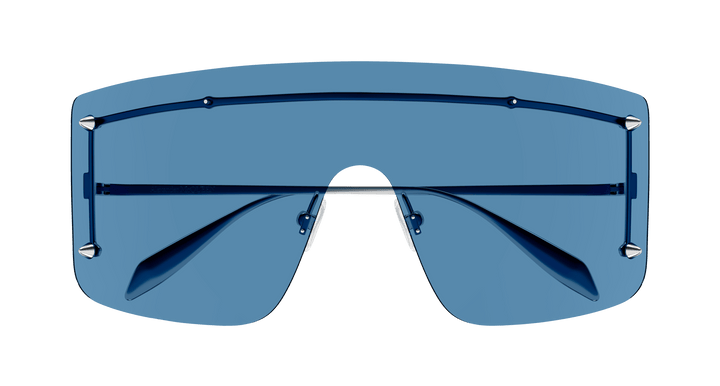 Alexander McQueen blue shield sunglasses front view with oversized frame and central bridge