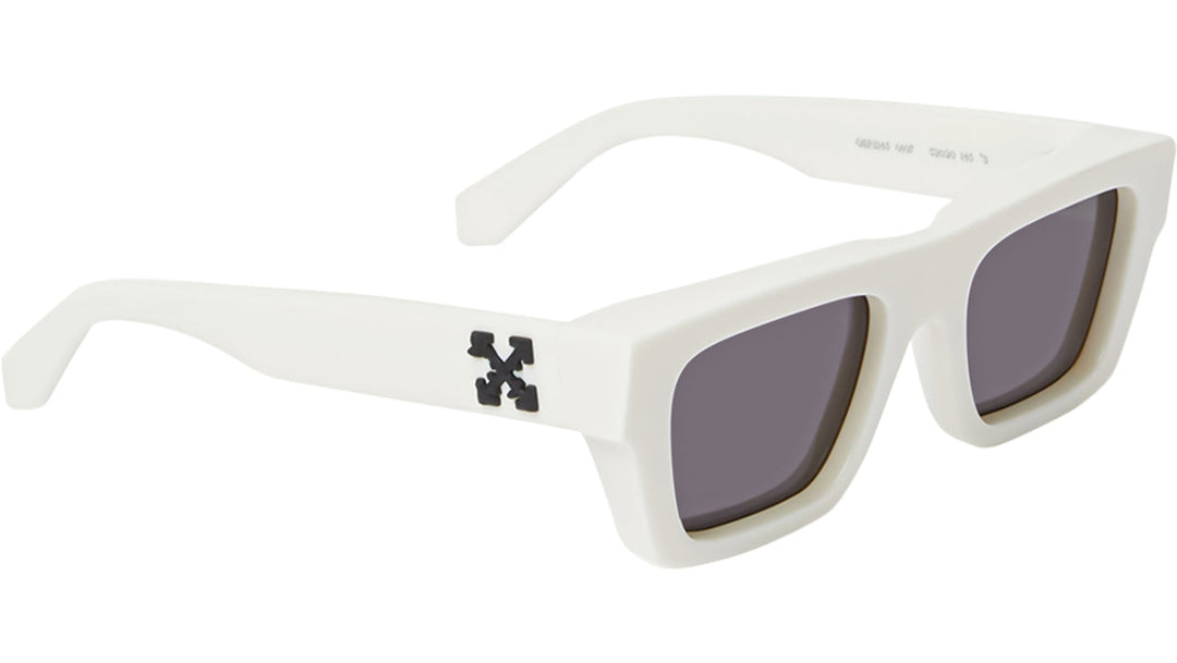 White rectangular sunglasses with dark lenses and Off-White logo on arms