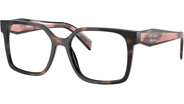 Prada mauve tortoise square eyeglass frames with dark temples