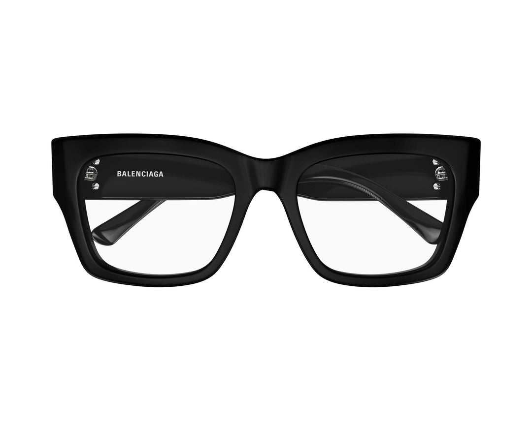 Black Balenciaga eyeglass frames with square full-rim design and metal logo details