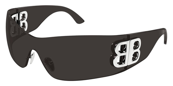 Balenciaga BB0359S black shield sunglasses with metallic BB logo on temples and dark tinted lenses
