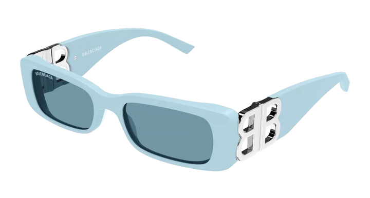 Baby blue Dynasty logo sunglasses with dark tinted lenses and silver side logo details