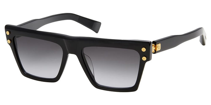 Balmain B-V black rectangular sunglasses with gold hardware and dark gradient lenses