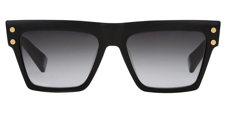 Black square sunglasses with gold-tone studs on the temples and shaded lenses
