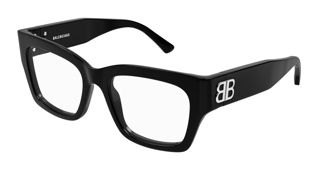 Black Balenciaga eyeglass frames with thick square acetate, logo on temple