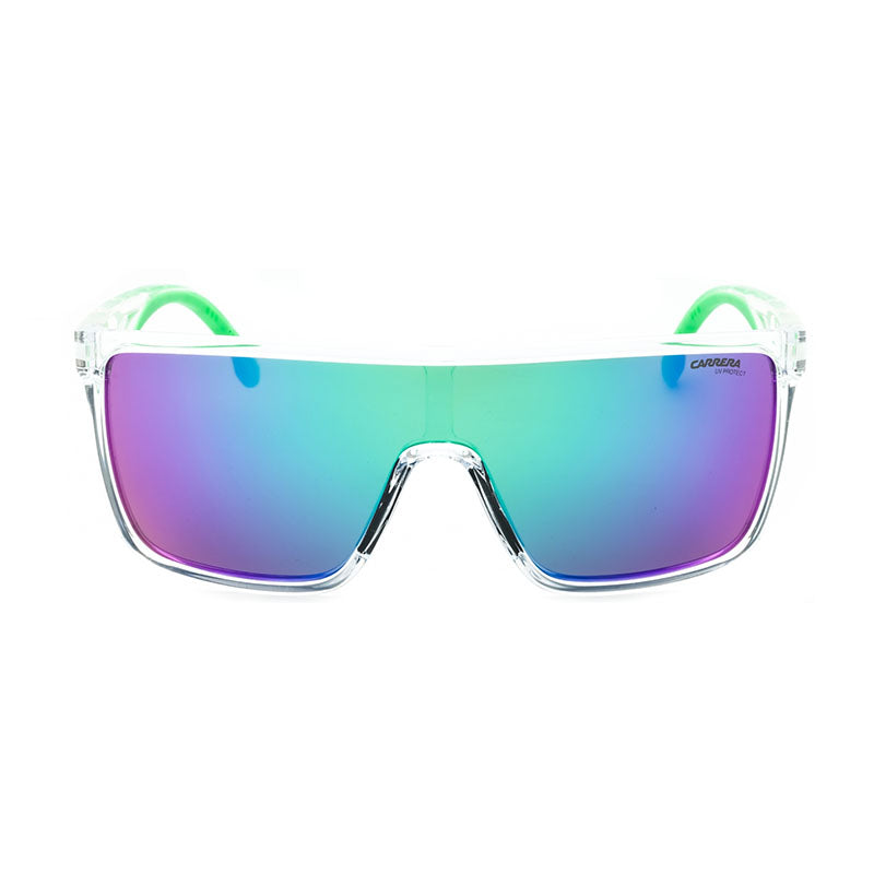 Carrera square sunglasses with clear frame and gradient purple-blue mirrored lenses