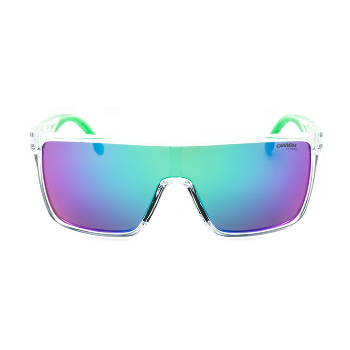Carrera square sunglasses with clear frame and gradient purple-blue mirrored lenses