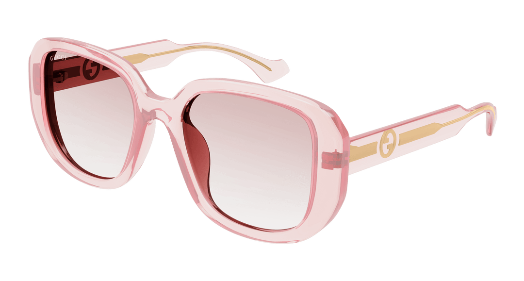 Gucci pink translucent square sunglasses with tinted lenses and GG logo arms