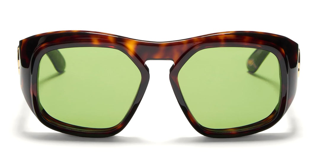 Oversized brown tortoiseshell sunglasses with green mirrored lenses, front view