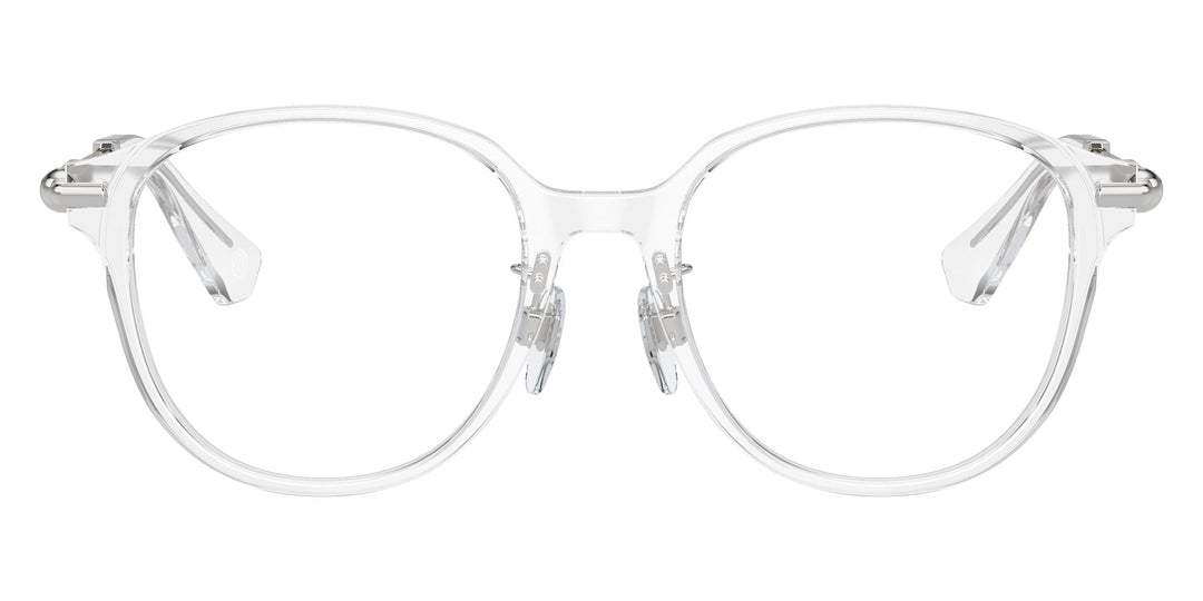 Rounded unisex eyeglass frame with clear transparent front and hinged metal arms