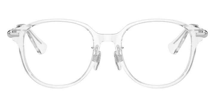 Rounded unisex eyeglass frame with clear transparent front and hinged metal arms