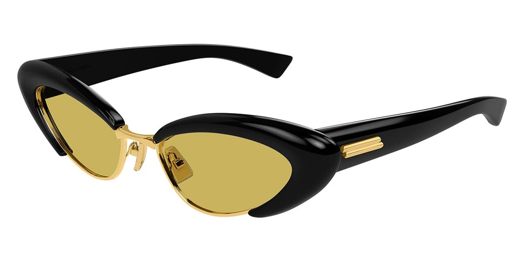 Bottega Veneta cat-eye sunglasses with black frames and gold-tone details, amber lenses