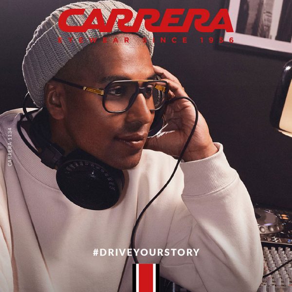 Carrera dark brown horn eyeglasses on model, rectangular frames with gold accents