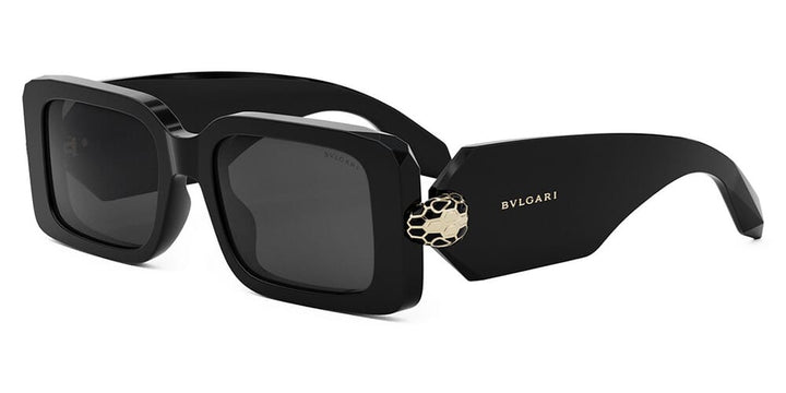 Bvlgari Serpenti Forever black square sunglasses with dark lenses and gold BVLGARI emblem
