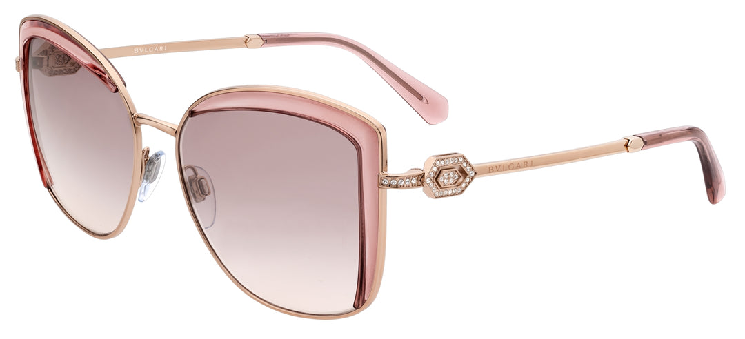 Rose gold square sunglasses with light pink gradient lenses and embellished bridge detail