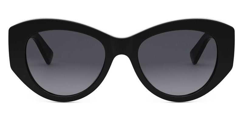 Black rounded cat-eye sunglasses with dark gradient lenses and sculpted frame